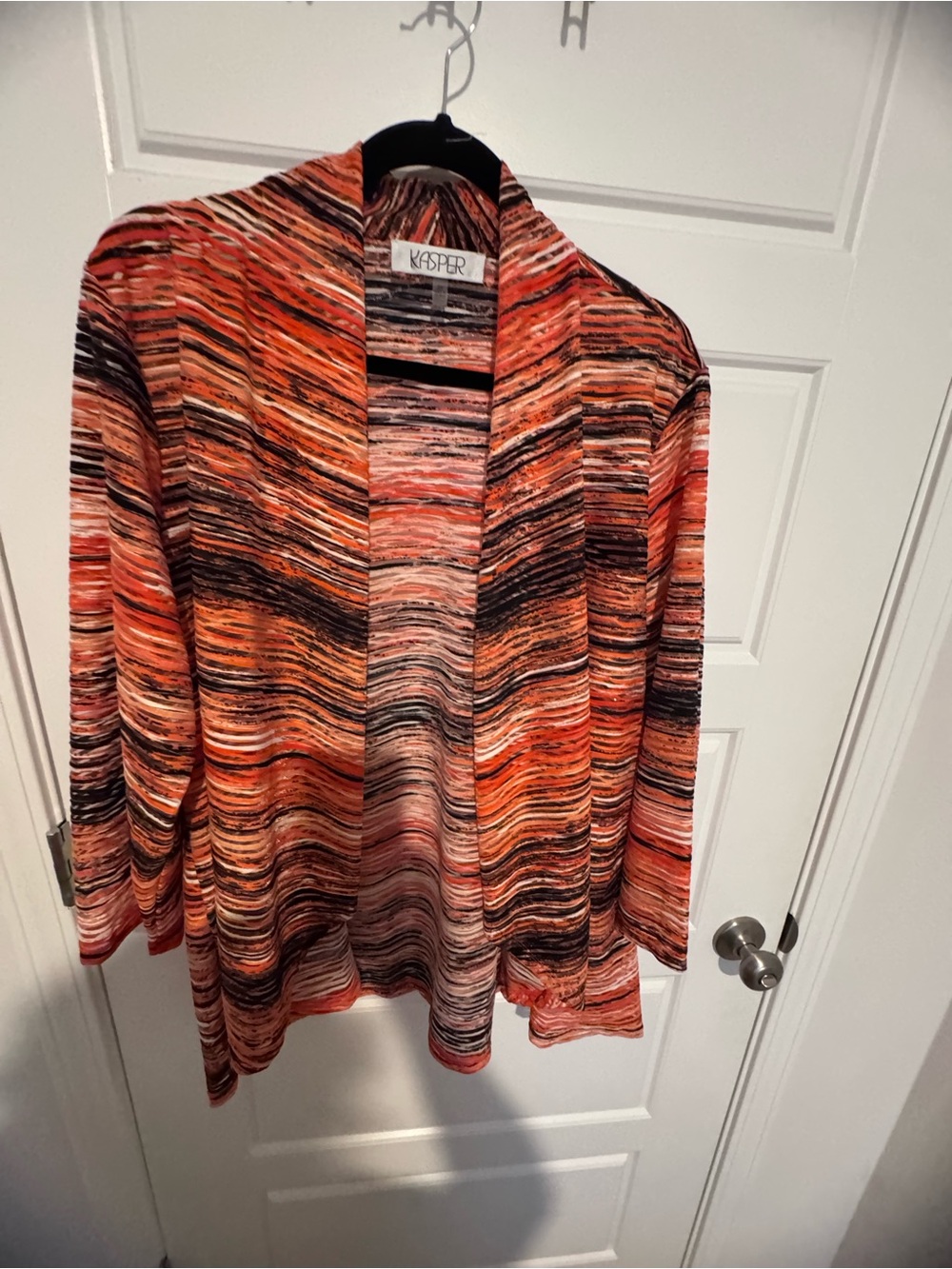 Kasper Multicolor Open-Front Knit Cardigan in Orange and Black Stripes